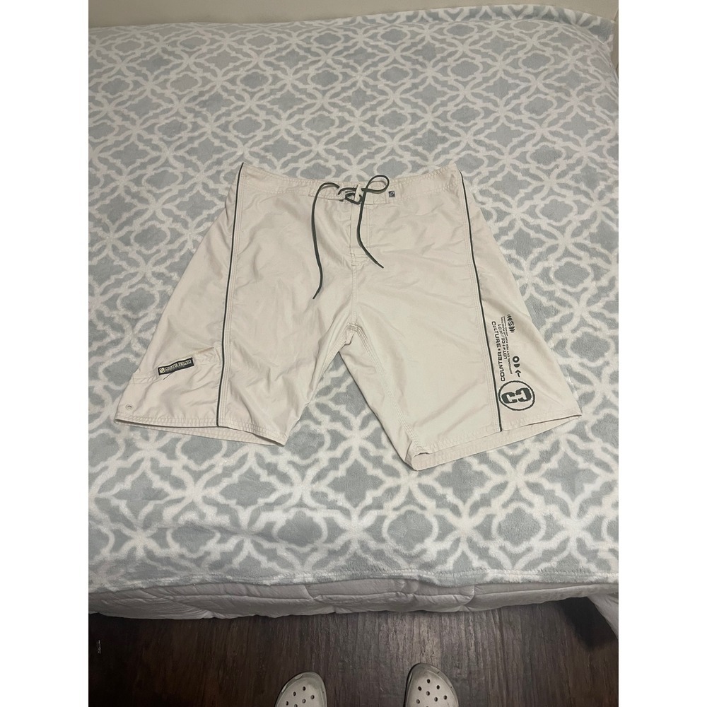 Counter Culture Mens Board Shorts Size 36 Cream Cargo Pocket Graphic Surf Trunks